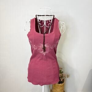 Stunning vintage y2k burgundy red tight tank top with grunge graphic